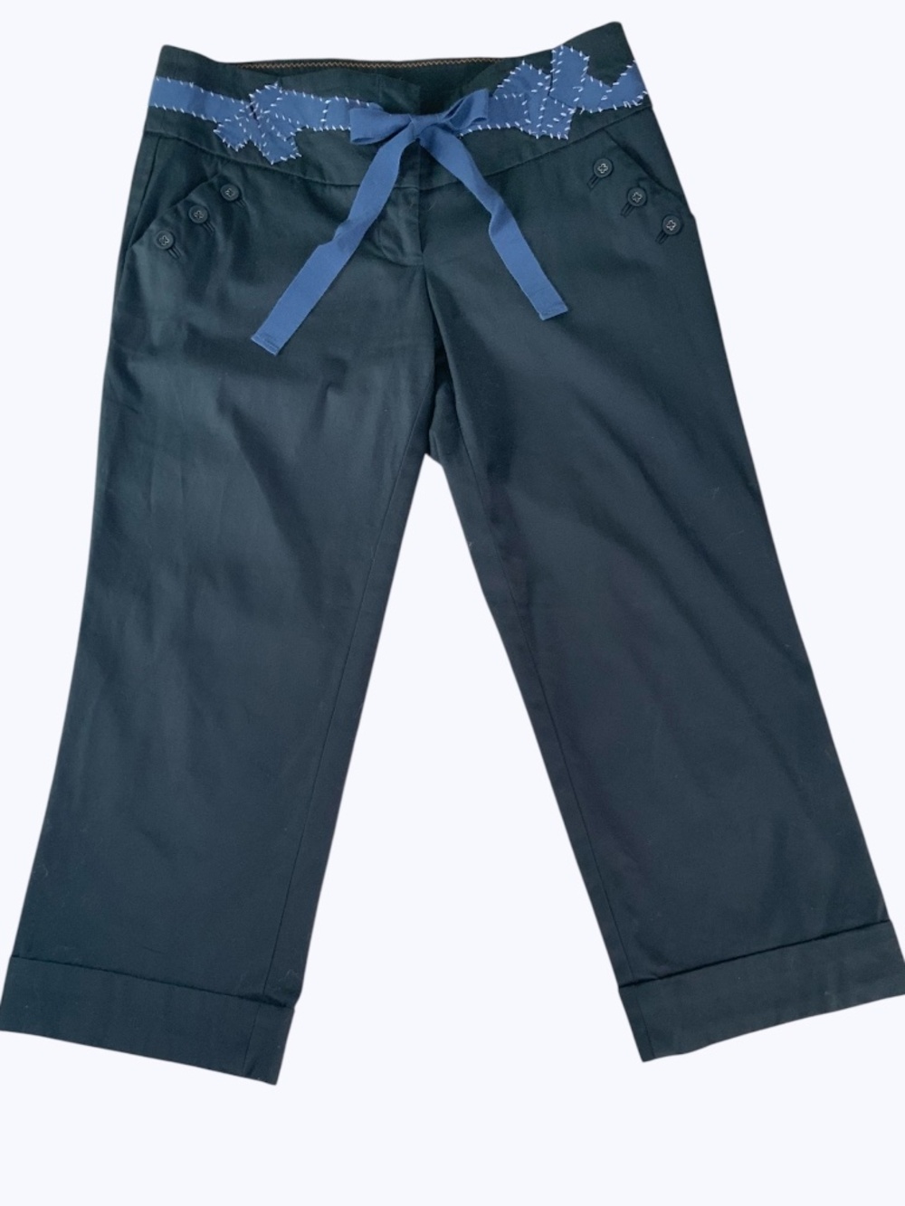 Anthropologie Taikonhu Black Cotton Crop Pants Vintage Style Ribbon Detail 6